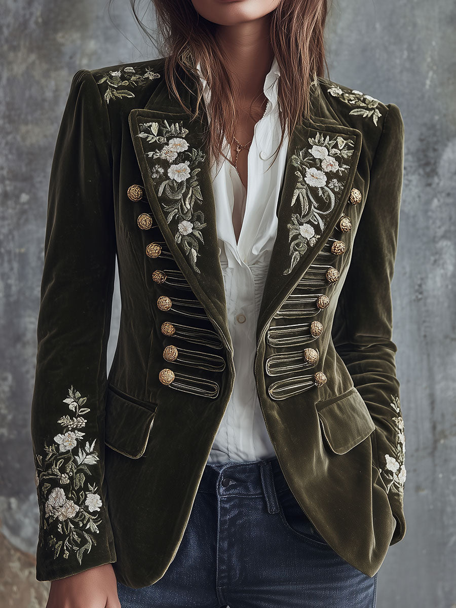 Vintage Olive Green Velvet Military Blazer With Floral Embroidery