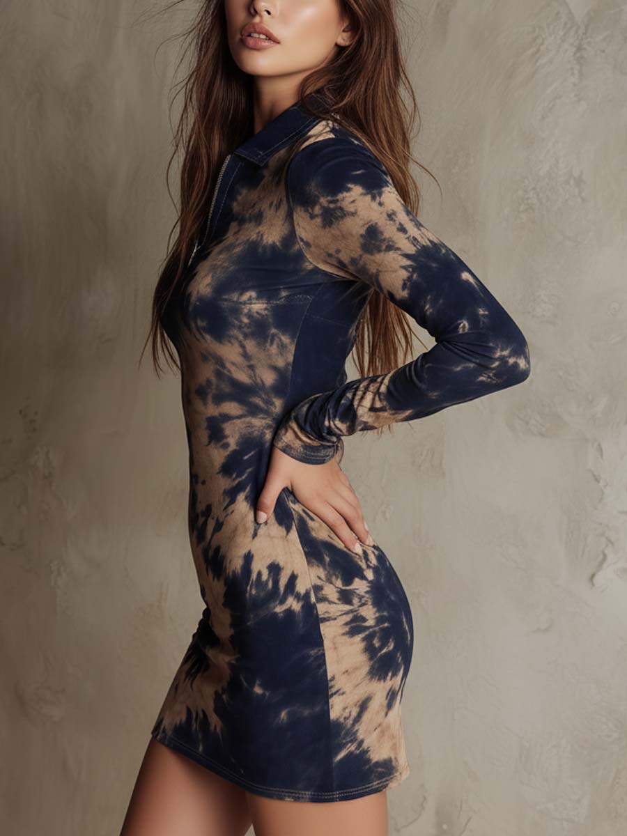 Printed Eco-Suede Bodycon Mini Dress With Front Zip