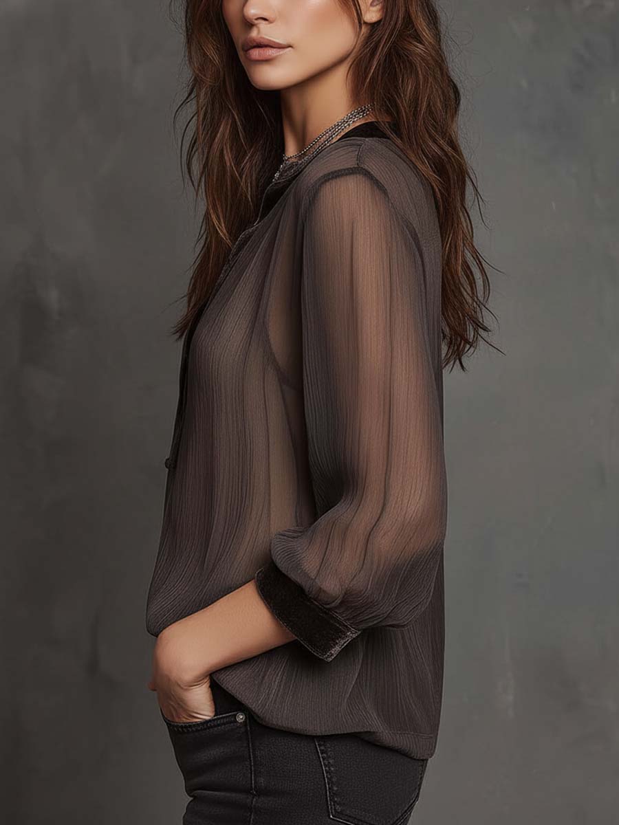 Crinkled Chiffon Top With Velvet Trim