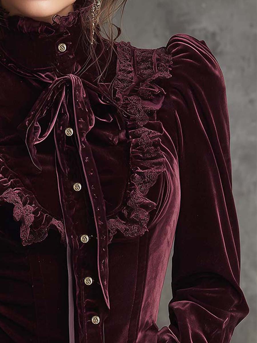 Garnet Red Romance Victorian Velvet Ruffle Blouse