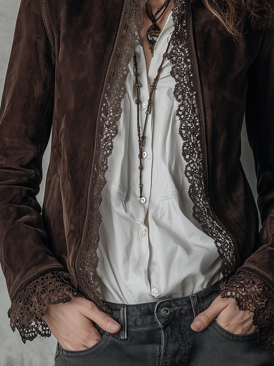 Bohemian Stand Collar Lace Door Tube Suede Jacket