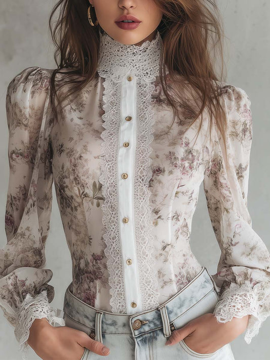 Victorian Style Floral Chiffon Blouse