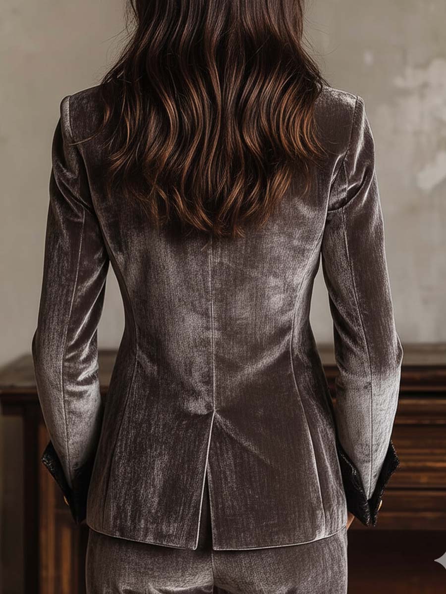 Velvet Blazer With Printed Lapel And Cuffs – Smoky Taupe