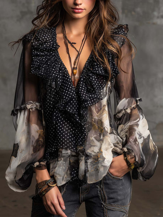 Bohemian Vintage Polka-Dot Ruffle Chiffon Blouse