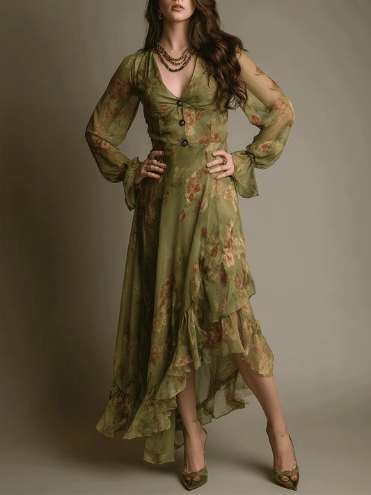 Vintage Romantic Boho Green Ruffle Hem  Maxi Dress