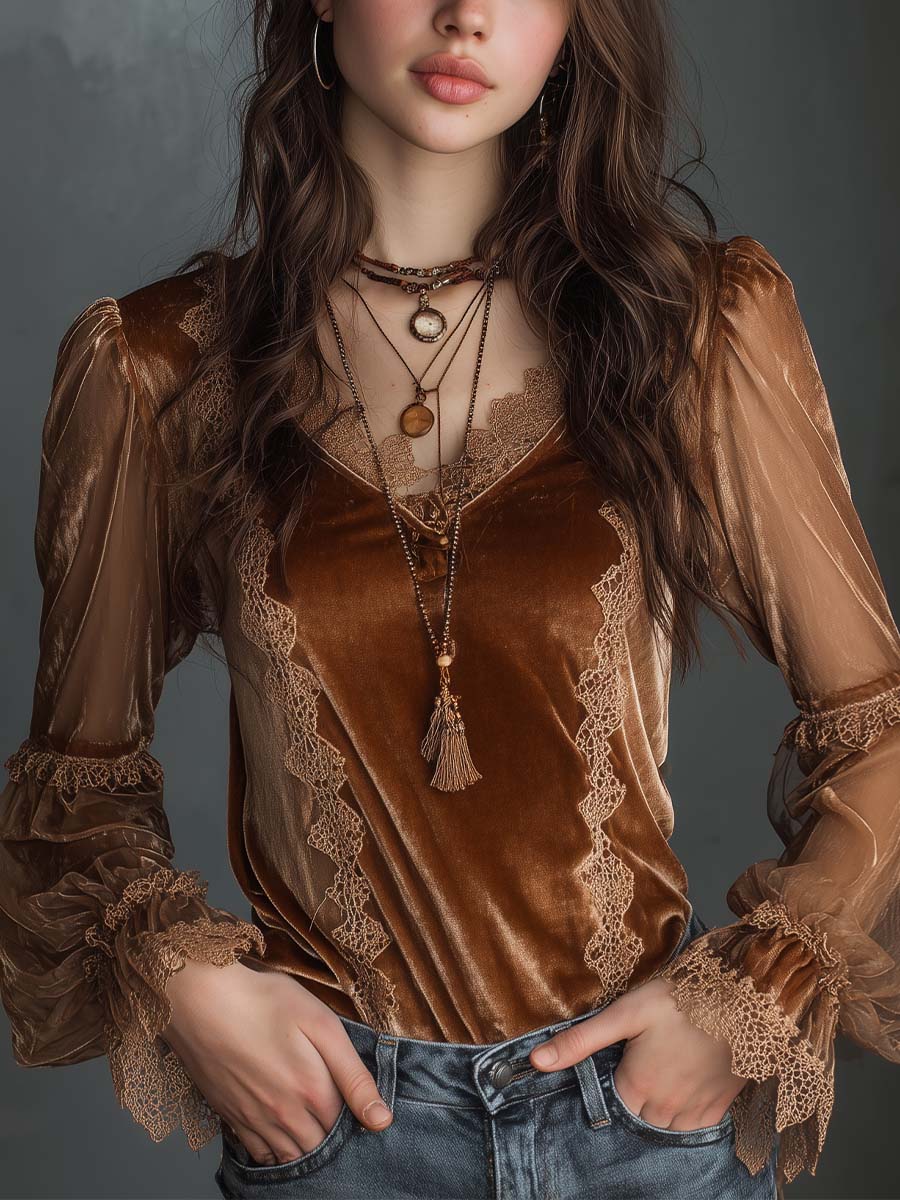 Caramel Velvet Lace Sheer Lantern Sleeve Top