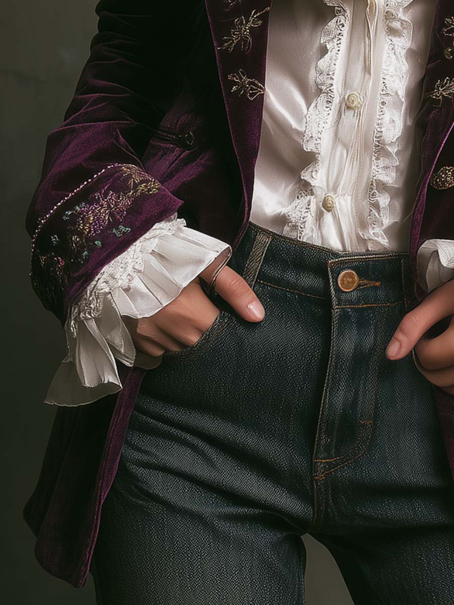 Vintage Plum Velvet Embroidered Blazer