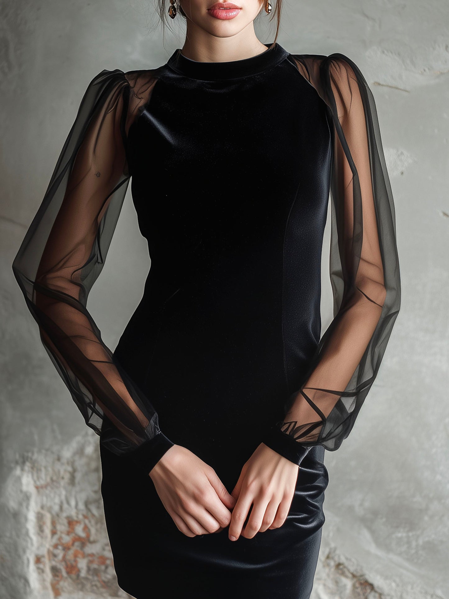 Elegant Mock-Neck Black Velvet Cocktail Dress With Sheer Sleeves