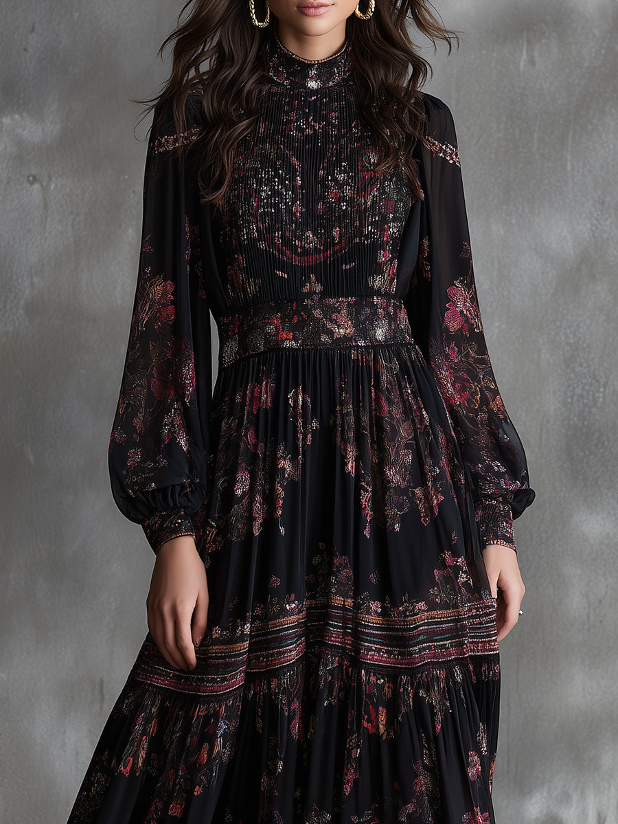 Retro Ethnic Print Pleated Chiffon Ruffle Midi Dress