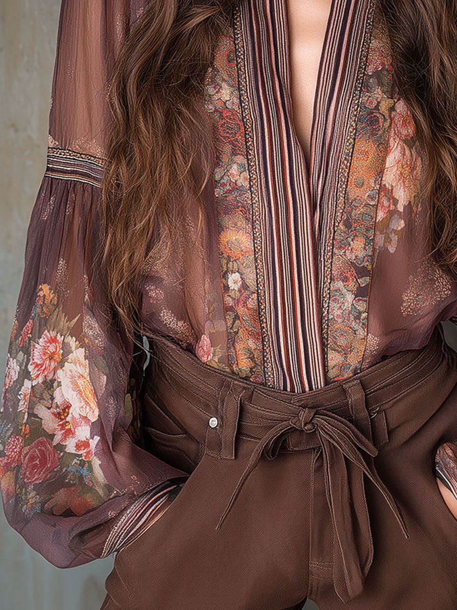 Vintage Sheer Floral Bohemian Blouse In Chocolate Mocha