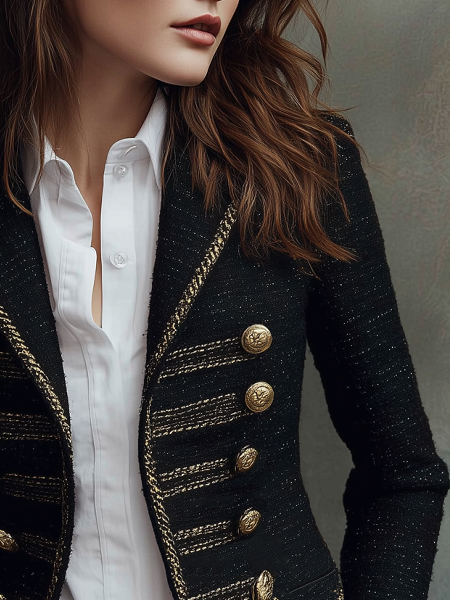Chanel Style Metal Button Tweed Blazer