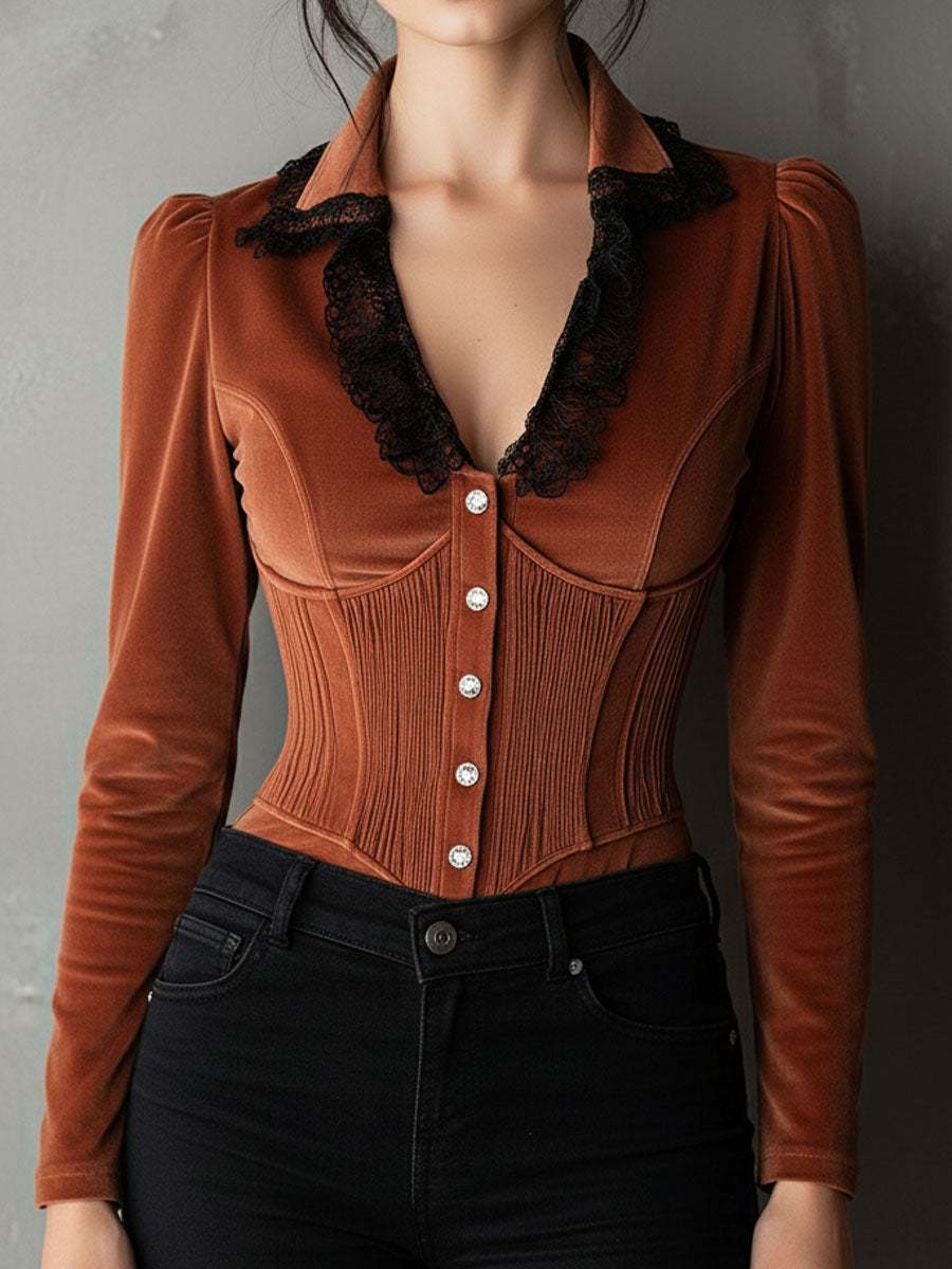 Elegant Terracotta Velvet Lace-Trim Corset Blouse