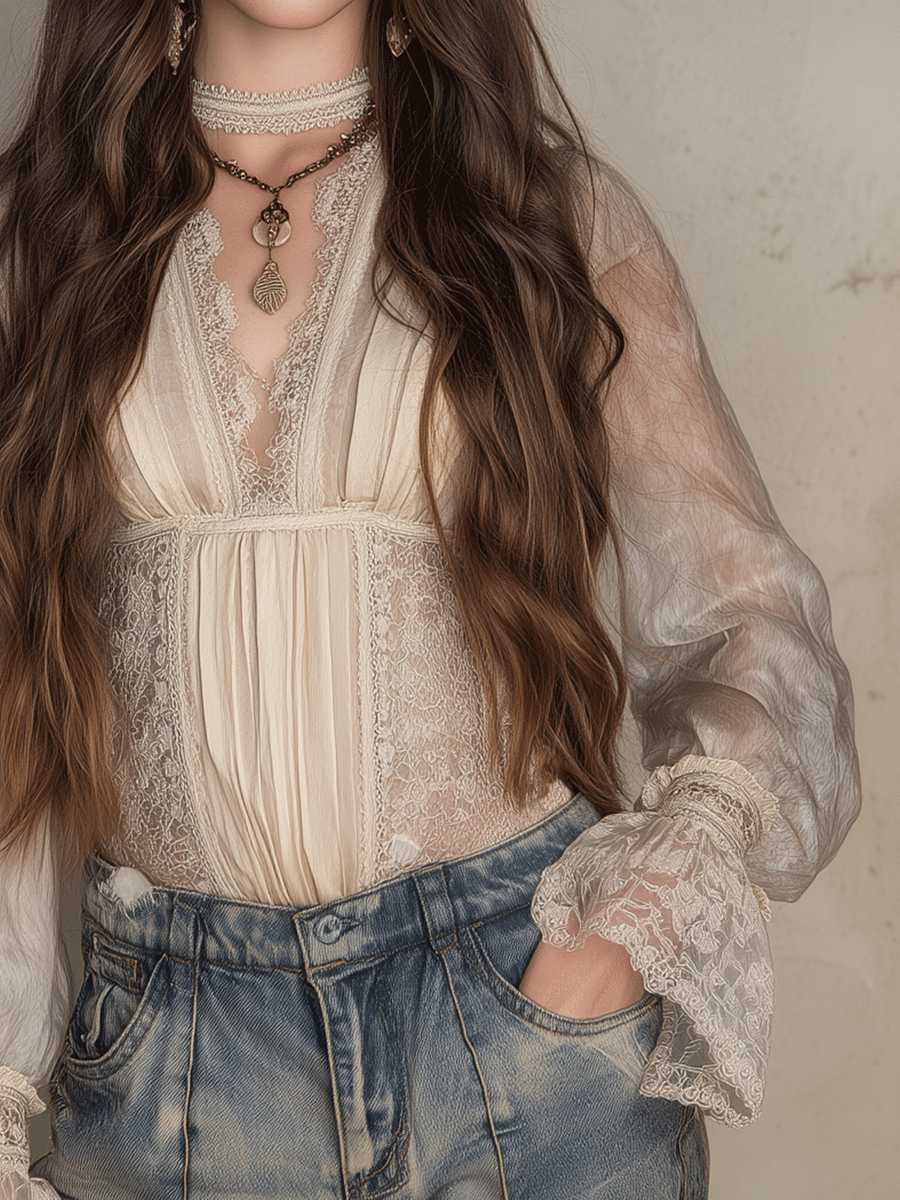 Vintage Boho Ivory Sheer Lace Peplum Blouse