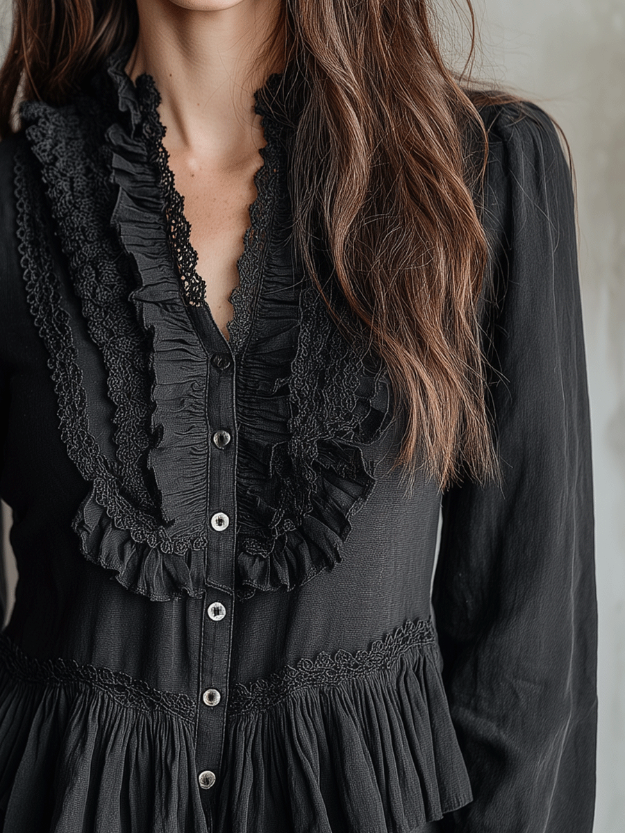 Vintage-Inspired Black Ruffle Button Blouse