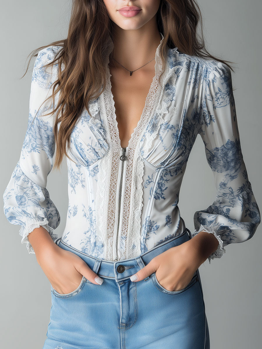 Elegant Lace-Trimmed Floral Chiffon Zip-Front Blouse