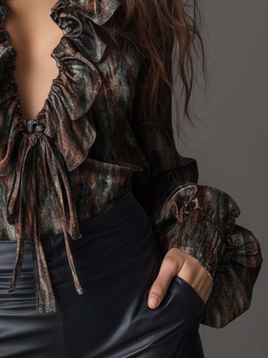 Retro-style Shimmering Print Velvet Ruffled Tie-front Shirt With Puffy Sleeves