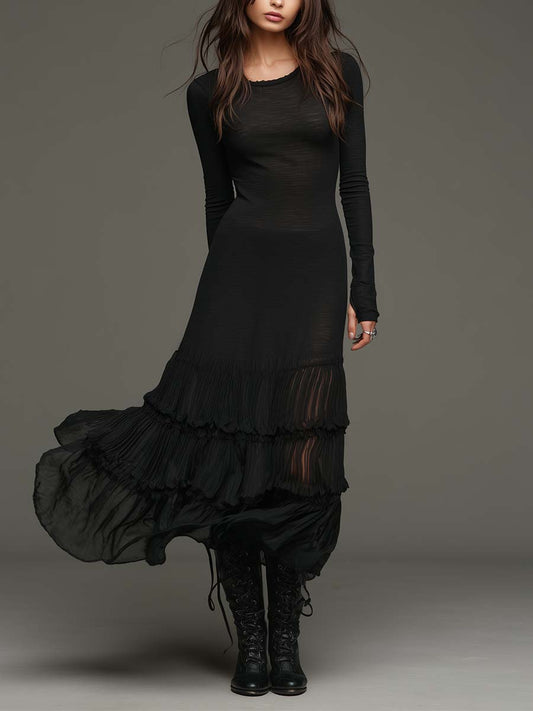 Long-Sleeve Mixed-Fabric Tiered Midi Dress