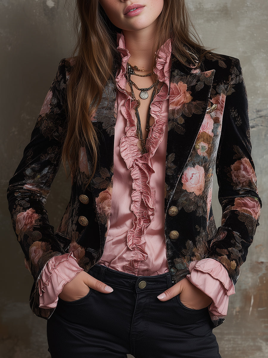 Elegant Rose Velvet Printed Lapel Blazer