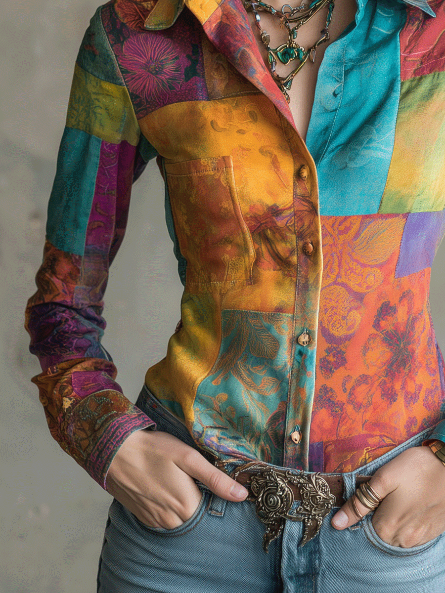 Retro Bohemian Multicolor Patchwork Button-Up Blouse