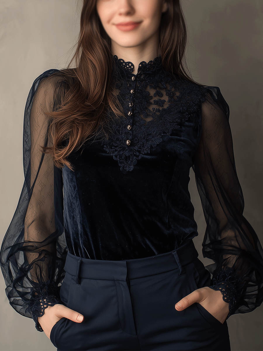 Elegant Navy Velvet Lace Panel Shirt