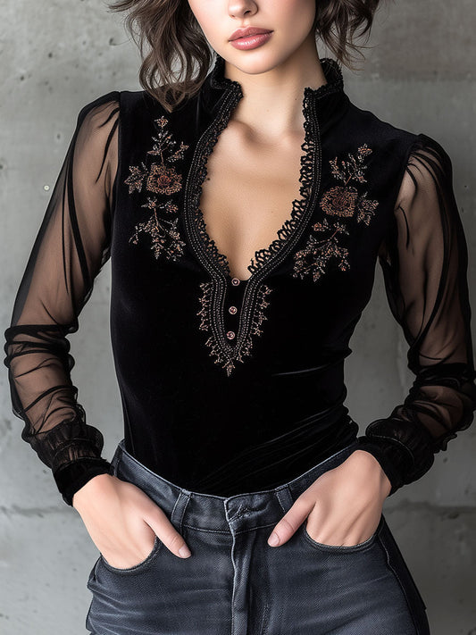 Floral Embroidery Velvet Sheer Sleeve Top With Lace Trim