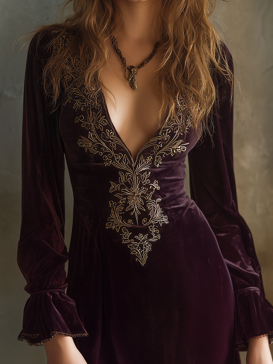 Quiet Luxury Baroque Embroidered Polyester Velvet Ruffle Mini Dress