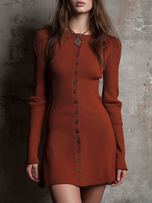 Retro Slim-fit Button-embellished Knitted Mini Dress