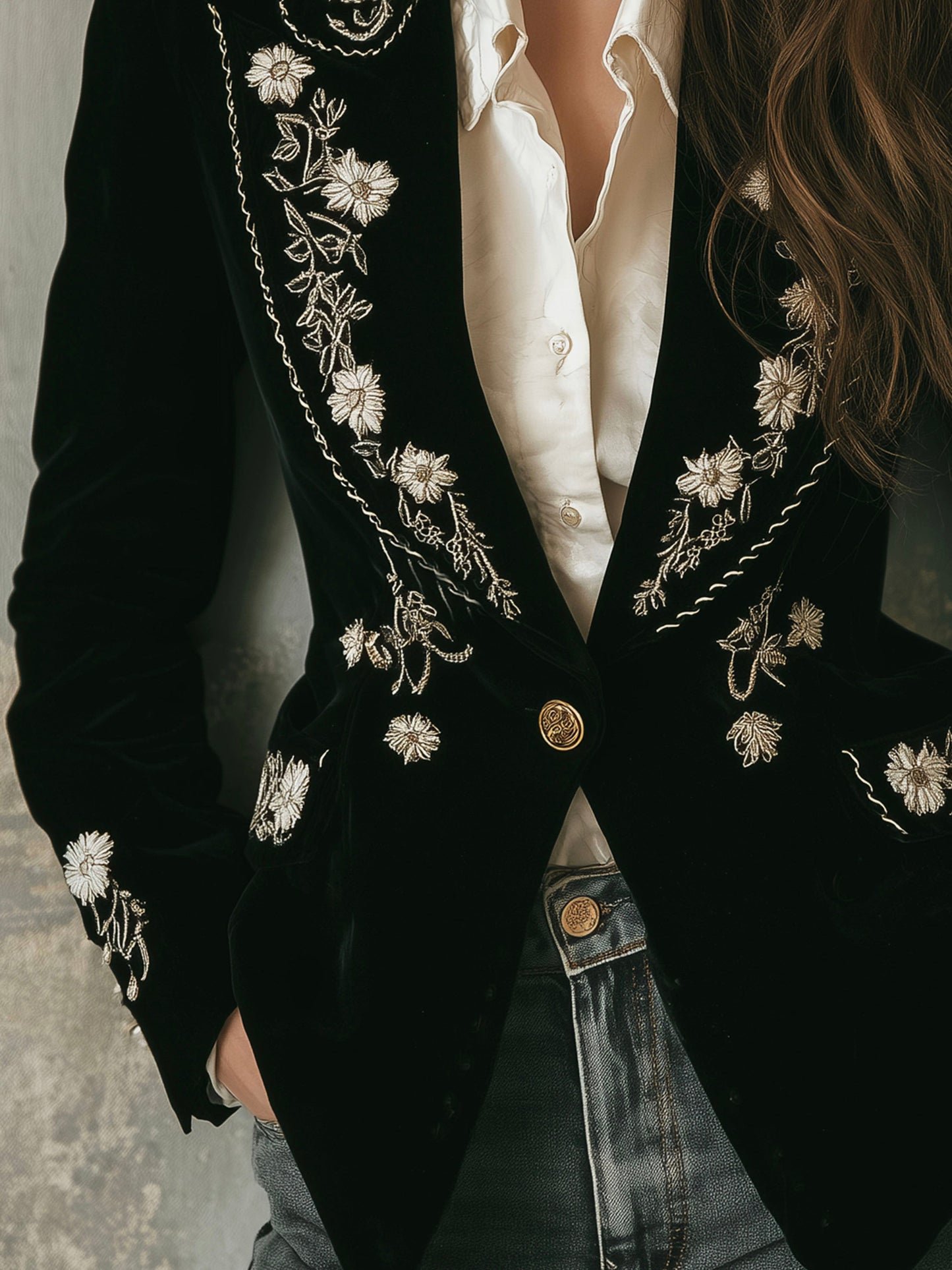 Vintage Black Velvet Floral Embroidered Blazer