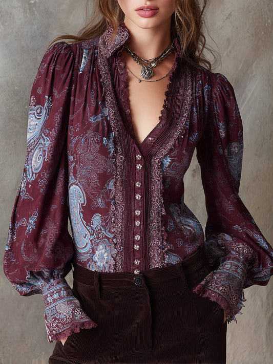 Bohemian Paisley Pattern Lace Puff Sleeves Mixed Cotton Blouse