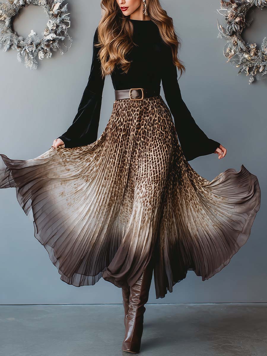 Leopard Ombre Pleated Maxi Dress with Fitted Velvet Bodice