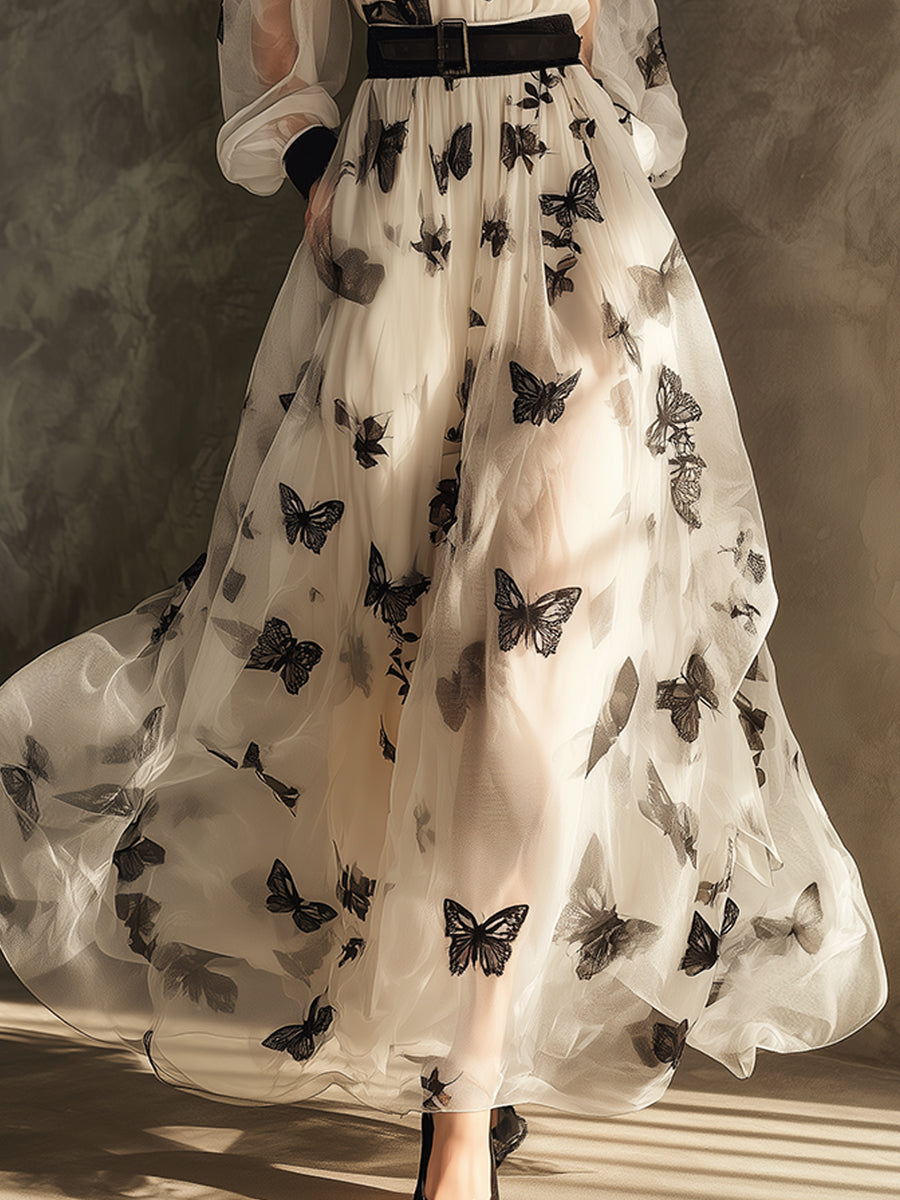 Retro Elegant Butterfly Chiffon Vacation Maxi Dress