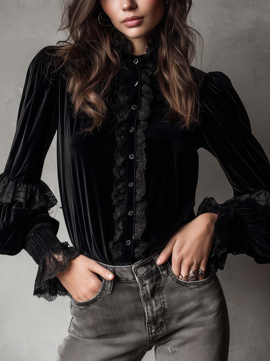 Velvet Ruffle Lace Blouse With Puff Sleeves