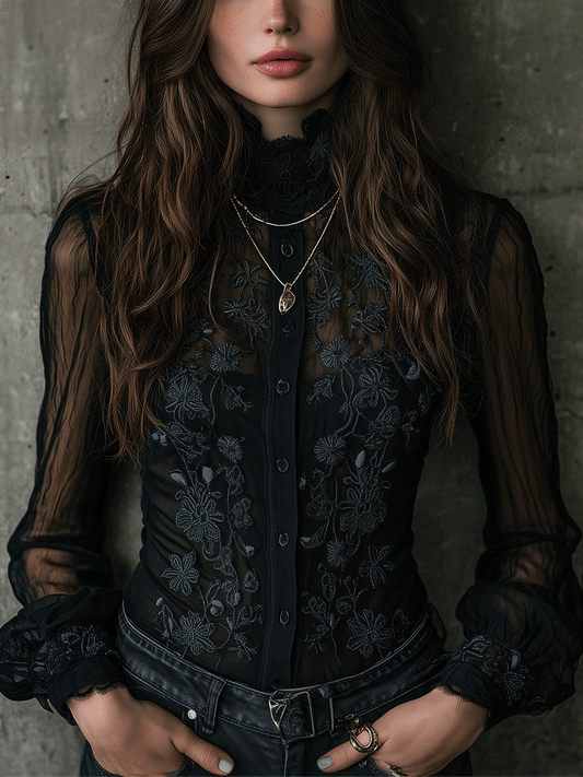 Romance Black Elegance High-Neck Lace Sheer Blouse