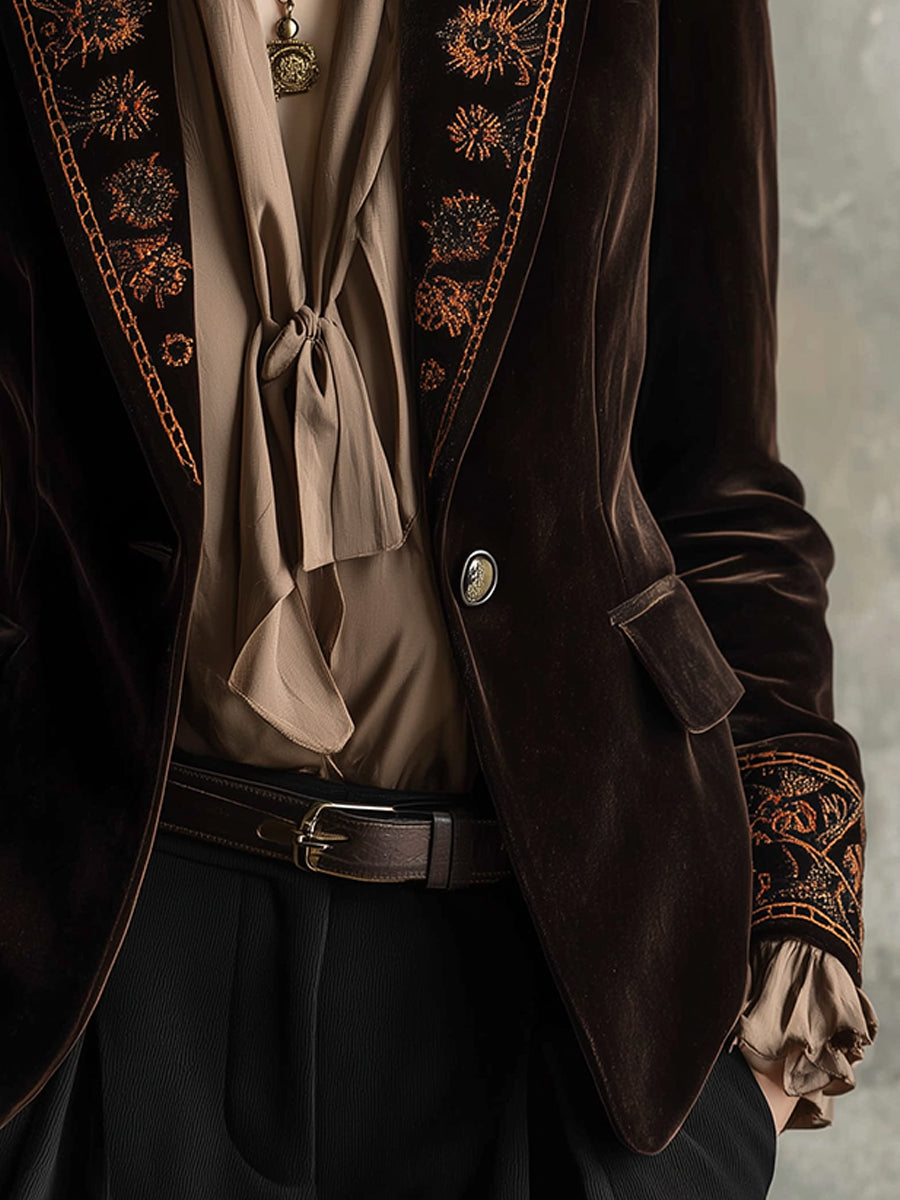 Quiet Luxury Polyester Velvet Embroidery Blazer
