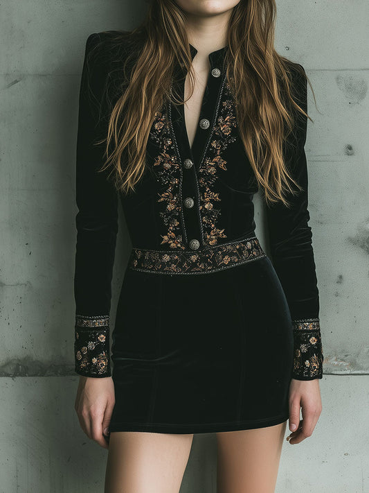 Vintage Black Baroque Embroidered Velvet Mini Dress