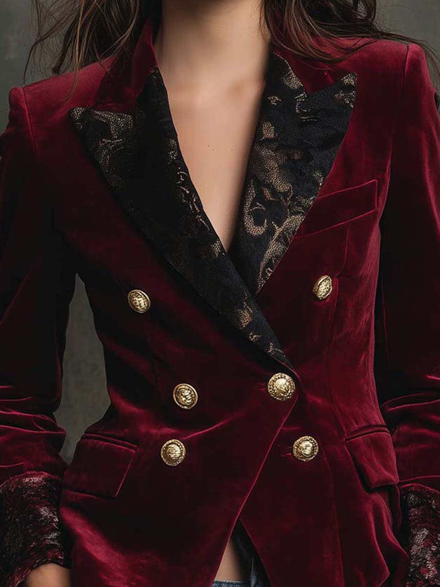 Burgundy Velvet Blazer With Printed Lapel And Cuffs