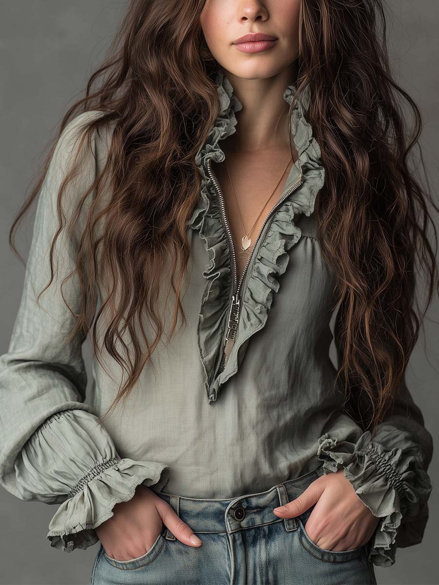 Vintage Ruffled Half-Zip Boho Blouse