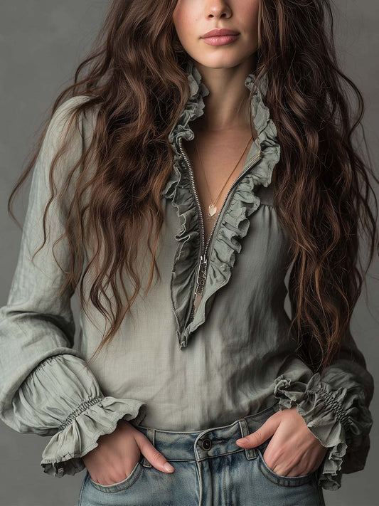 Vintage Ruffled Half-Zip Boho Blouse