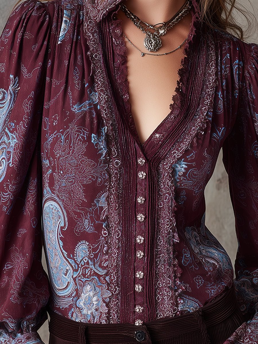Bohemian Paisley Pattern Lace Puff Sleeves Mixed Cotton Blouse