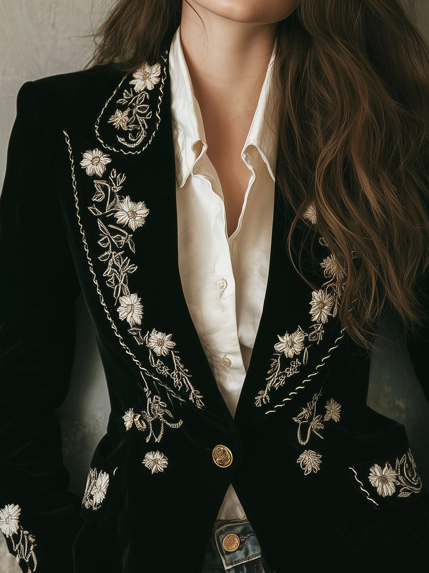 Vintage Black Velvet Floral Embroidered Blazer