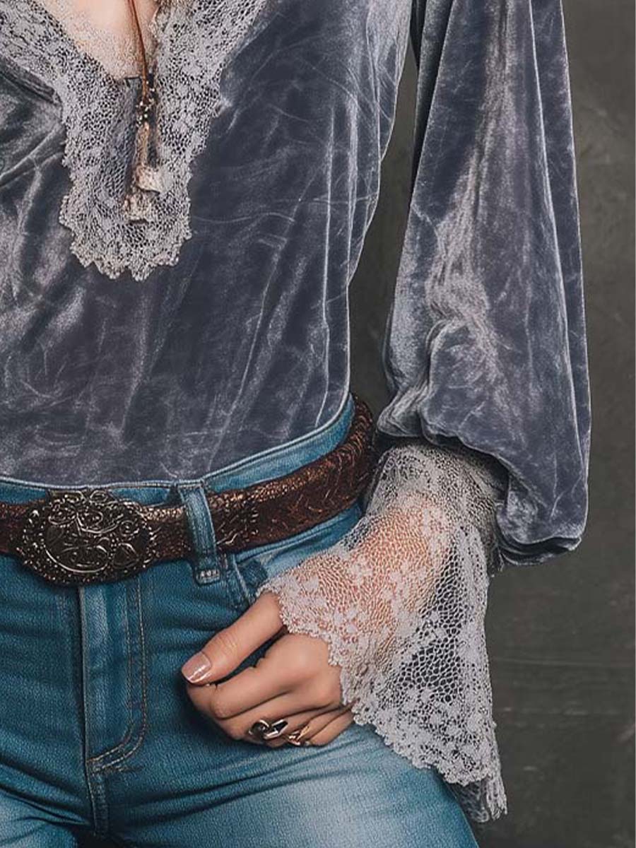 Vintage Gray Purple Velvet Lace Cuff Top