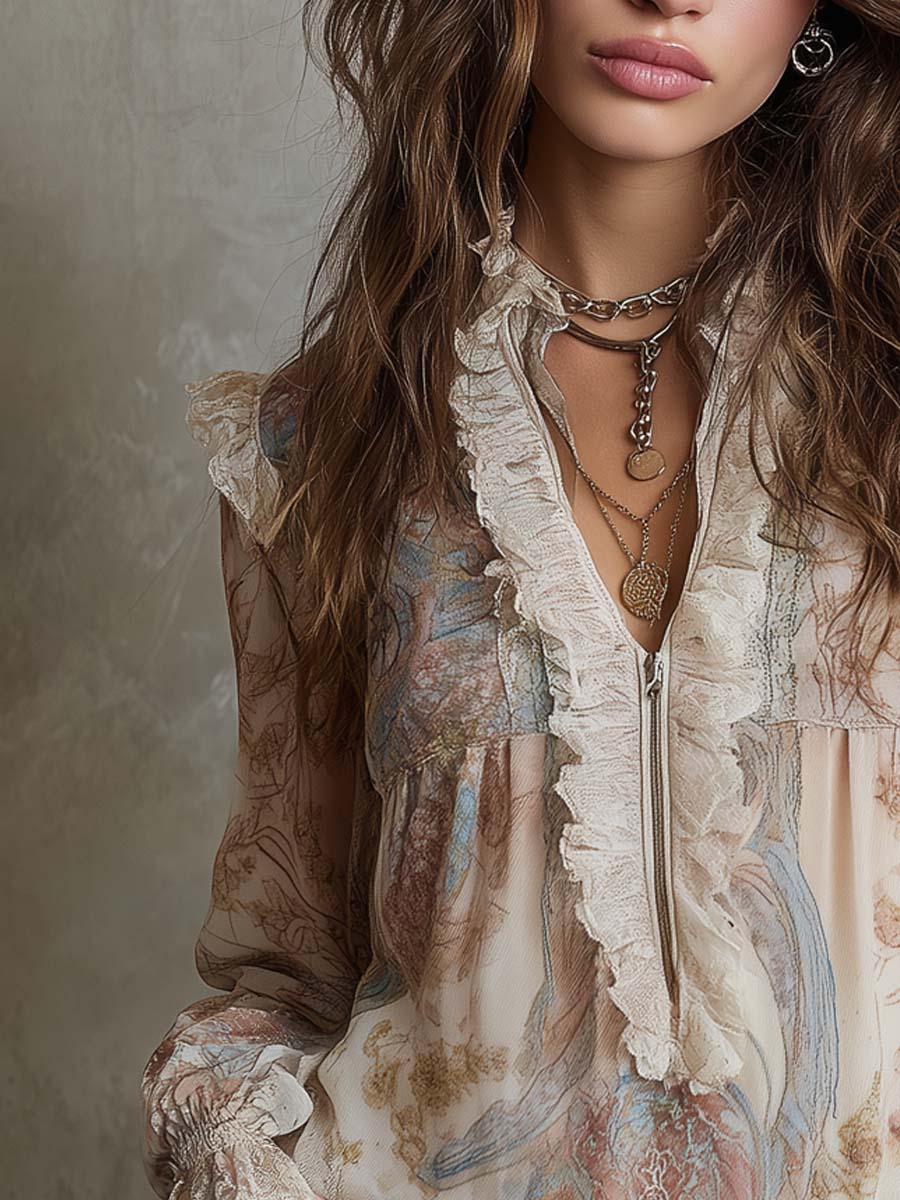 Vintage Zippered Ruffled Collar Floral Chiffon Fabric Blouse