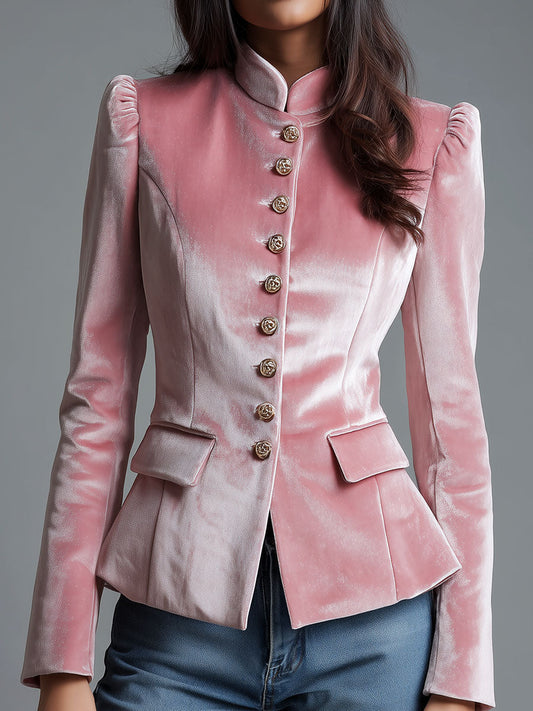 Vintage Grace Blush Pink Velvet Military Jacket