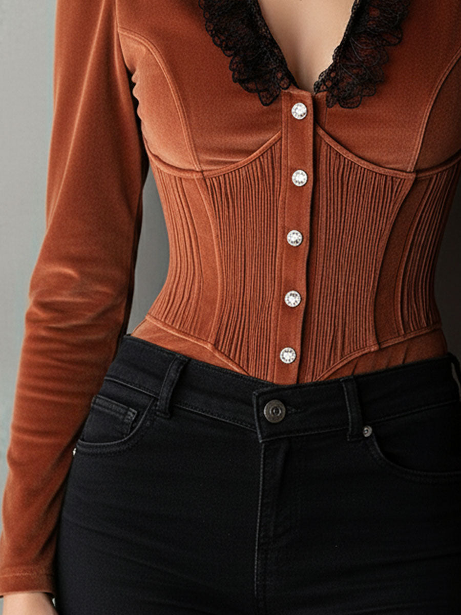 Elegant Terracotta Velvet Lace-Trim Corset Blouse