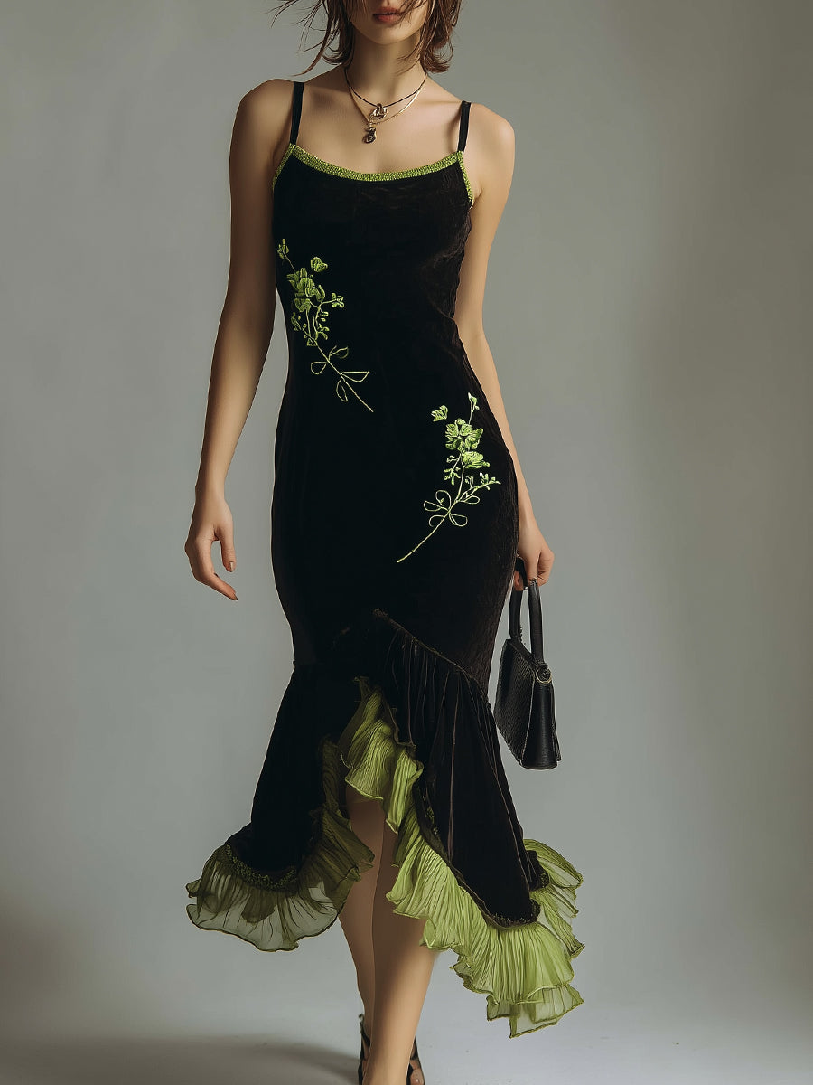 Embroidered Polyester Velvet Patchwork Fishtail Midi Slip Dress