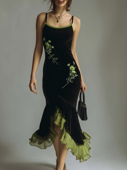 Embroidered Polyester Velvet Patchwork Fishtail Midi Slip Dress