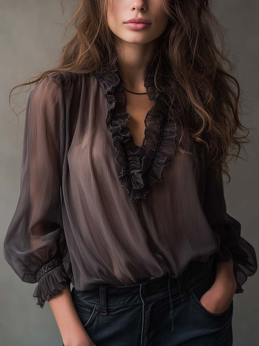 Smoky Charcoal Ruffled Chiffon Blouse