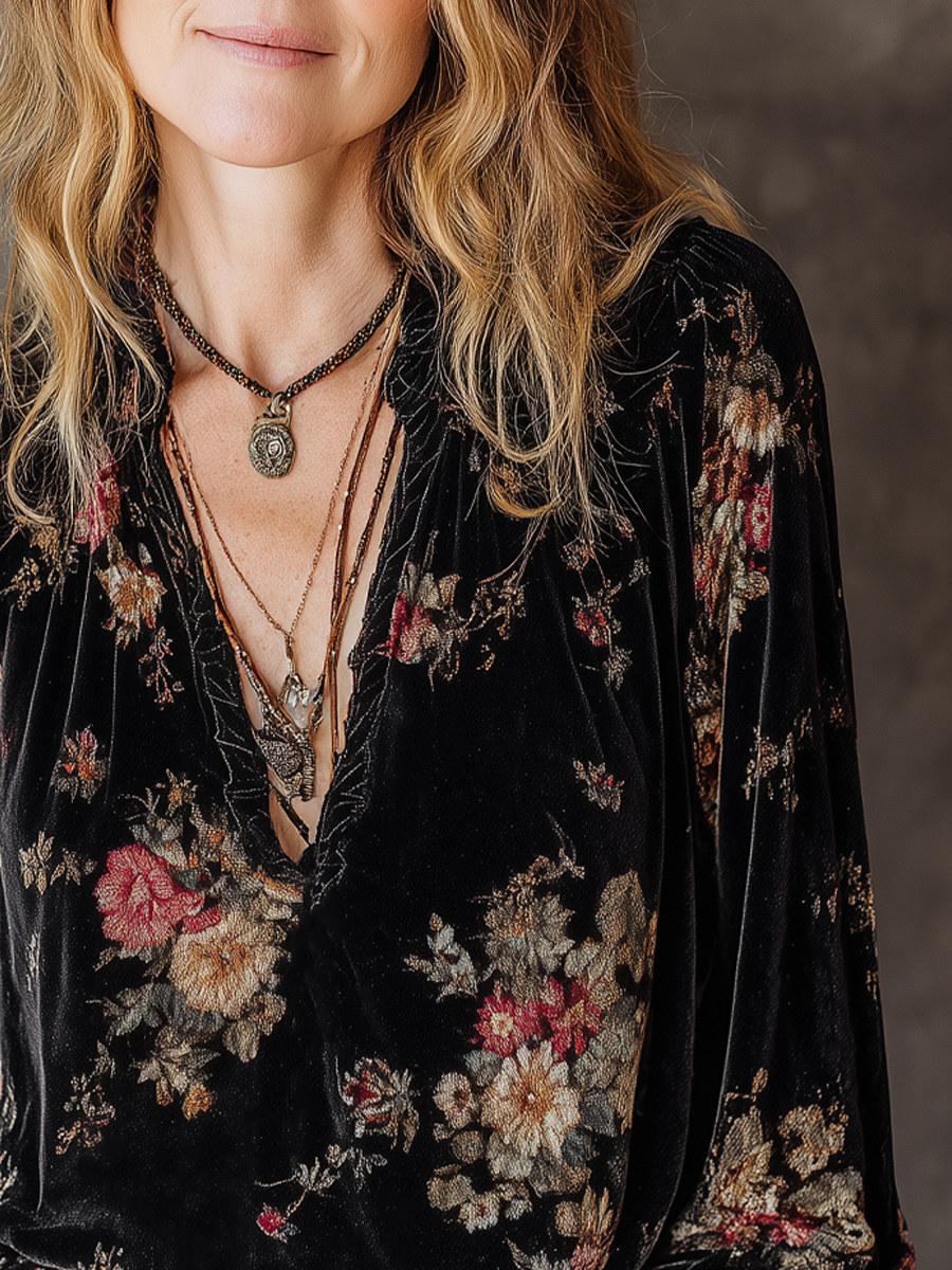 Vintage Floral Velvet Long-Sleeved Blouse
