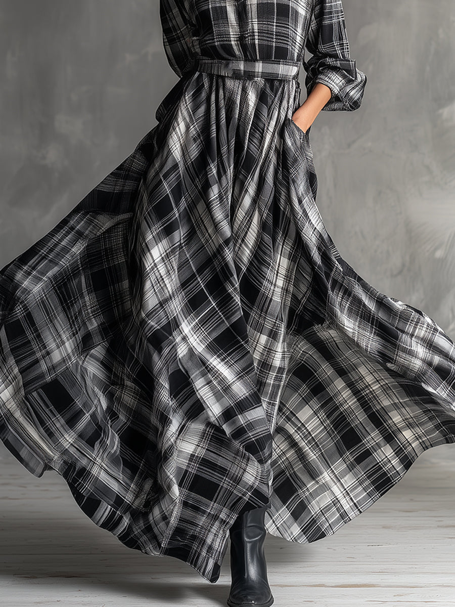 Bohemian Plaid Cotton Blend Shirt Maxi Dress