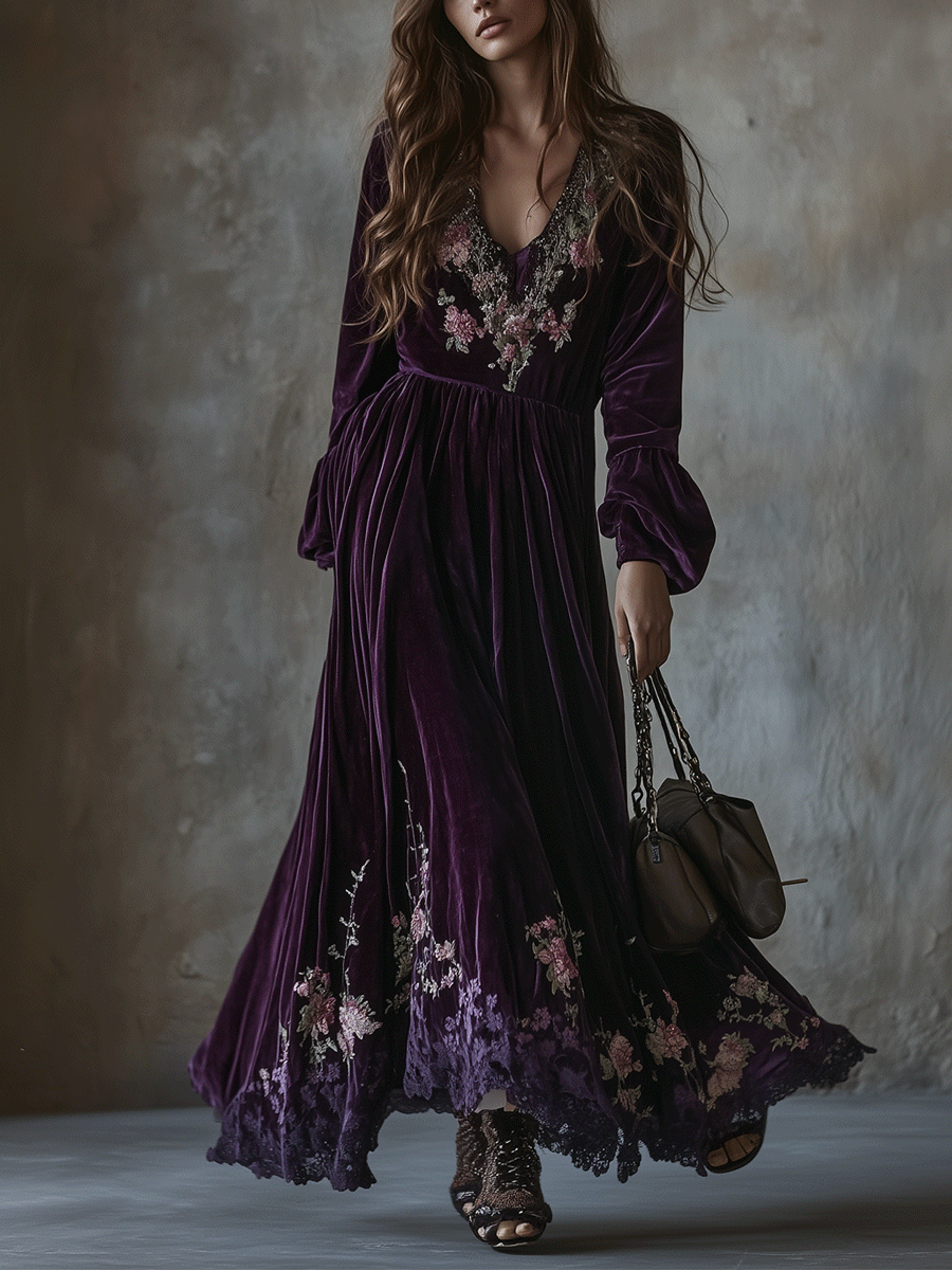 Vintage Floral Embroidered Velvet Maxi Dress
